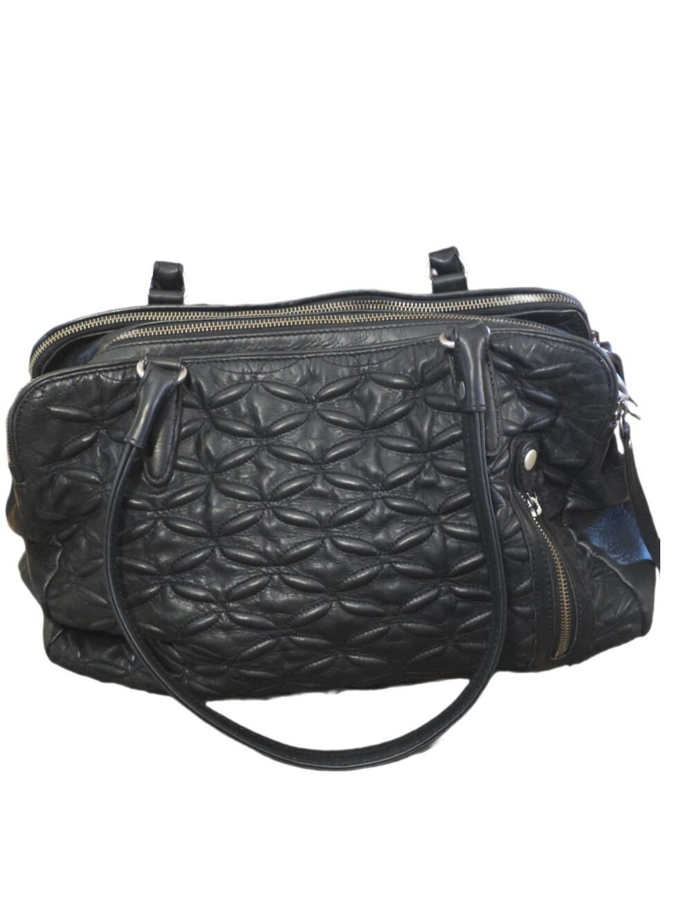 BLACK QUILTED Floral Genuine LEATHER Oversized Satchel/Crossbody SLOUCHY EUC - Picture 7 of 17
